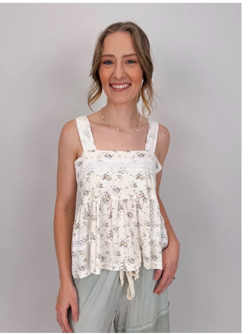POL Cream Floral Lace-Trim Square-Neck Camisole